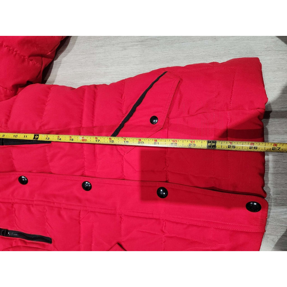 GUESS Puffer Parka Jacket Faux Fur Hood Red S/CH/XS Zip Pockets Winter Used - Picture 9 of 13